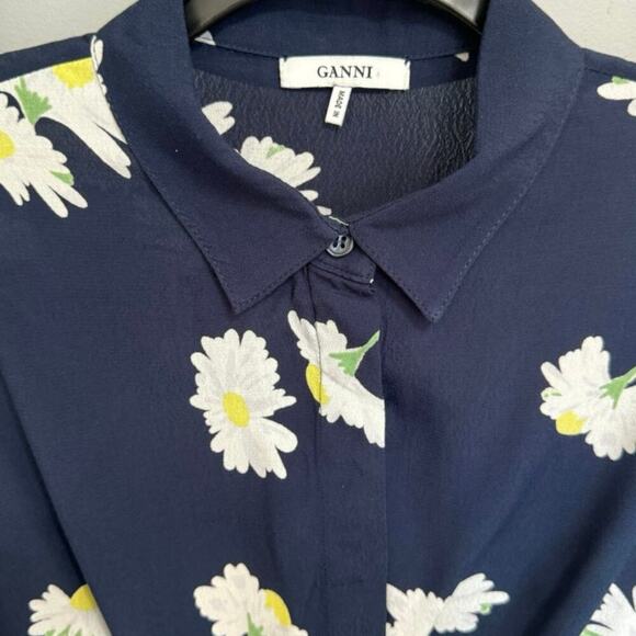 Ganni NWOT Silvery Crepe Twist Dress Daisy Flowy Mini Navy Blue White Size Small - Picture 9 of 12